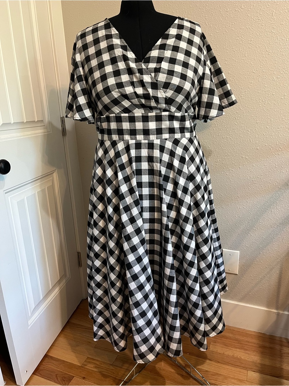 Black & White Gingham Midi Dress with Flutter Sleeves
